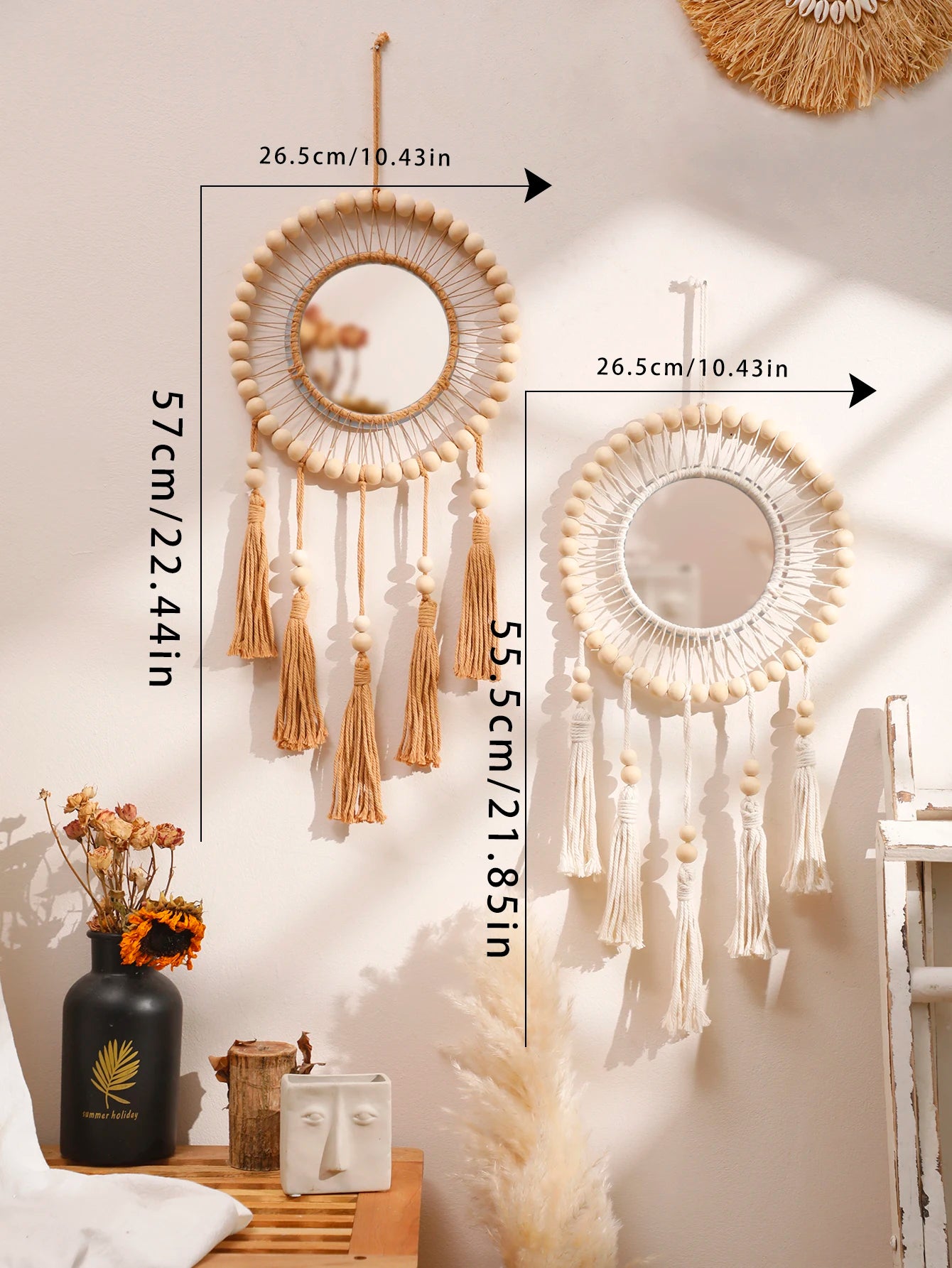 Hemasa Wall Mirror Macrame Wooden Beads Decorative Mirrors Boho Home Decoration Room Decors Aesthetic Wall Art For Living Room