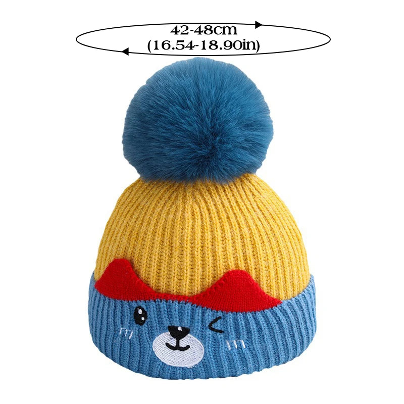 Autumn Winter Baby Pompom Pullover Hats Cute Cartoon Boy Girl Warm Woolen Knit Beanies Outdoor Thick Anti-Cold Toddler Bonnets