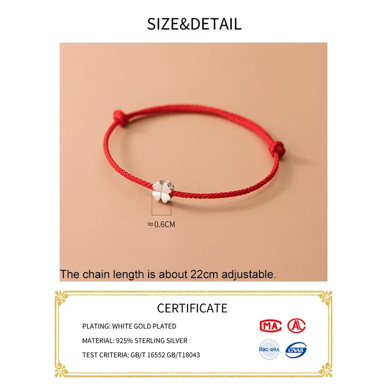 SOFTPIG Real S925 Sterling Silver Red Rope Clover Adjustable Charm Bracelet for Women Classic Fine Jewelry Plant Accessories