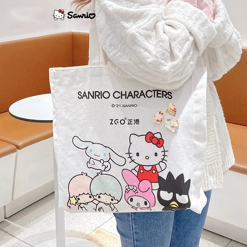 Sanrio Canvas Bag Cartoon Pure Cotton Hello Kitty Shopping Bag Cinnamoroll Tote Bag Student Storage Bag One Shoulder Cotton Bag