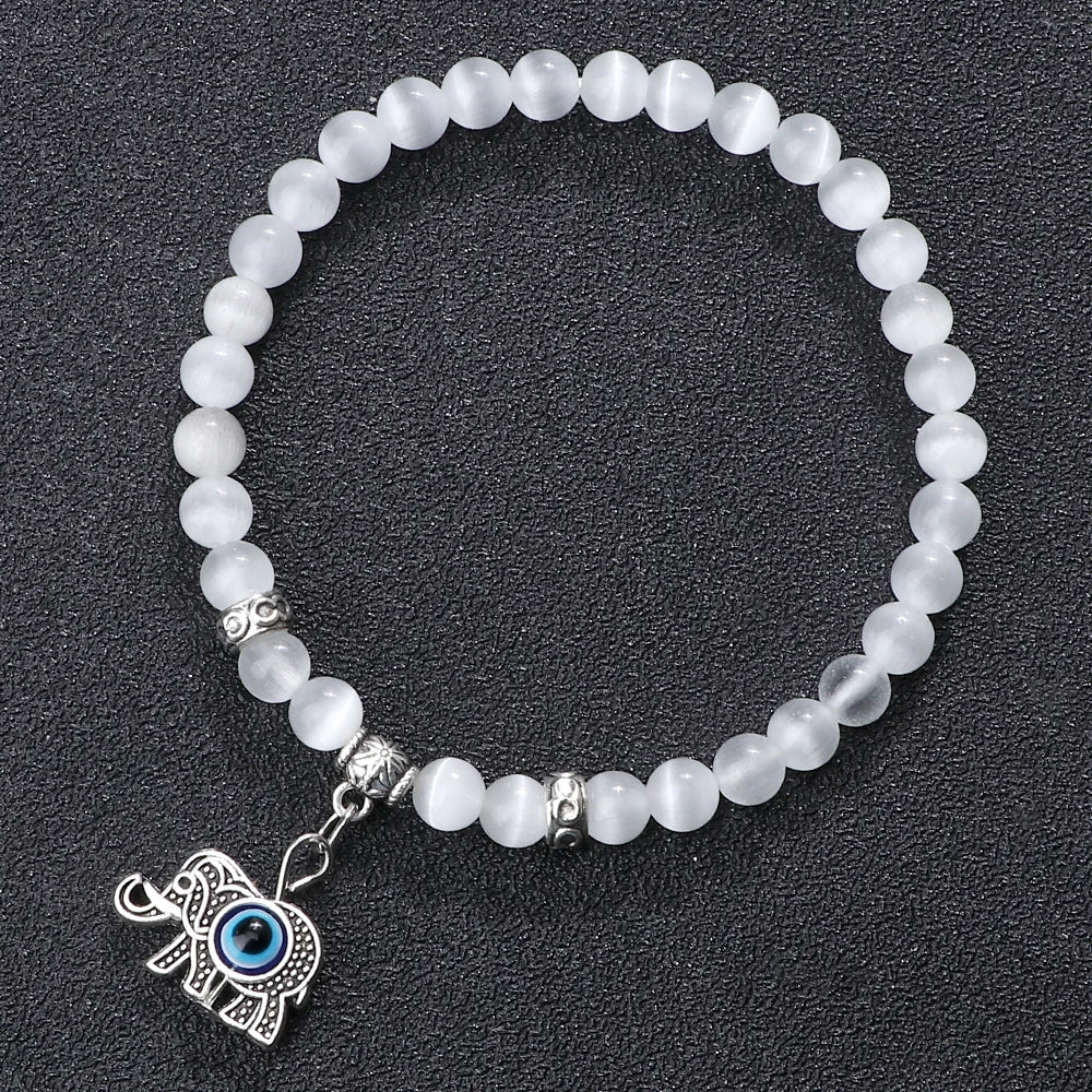 6 8mm Natural Cat Eye Stone Bracelet White Opal Beads Butterfly Hand Of Fatima Women Bracelets & Bangles Lucky Evil Eye Jewelry
