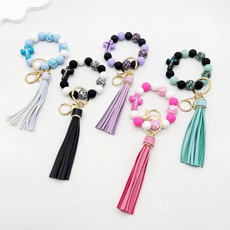 One Cross Silicone Rubber Paint Round Bead Bracelet Keychain