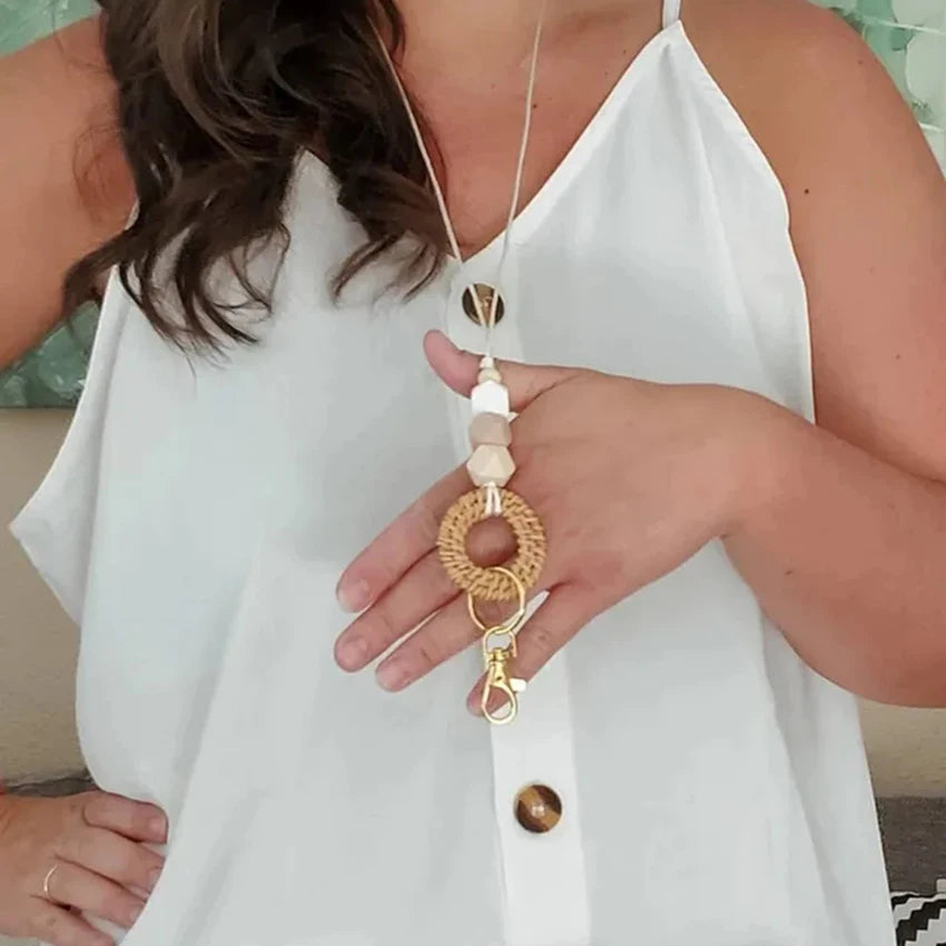 Hemasa Silicone Bead with  Rattan Badge Lanyard  /  Necklace Pendant Teacher Charm Lanyard