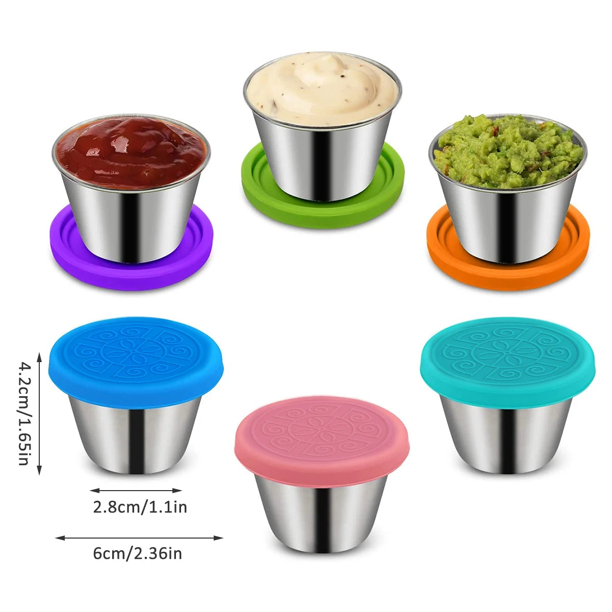 Tejesa 6/3pc Sauce Cup Dipping Bowl Stainless Steel Salad Dressing Bowl Leak-proof Tomato Sauce Bento Saucer with Lid Mini Snack Box