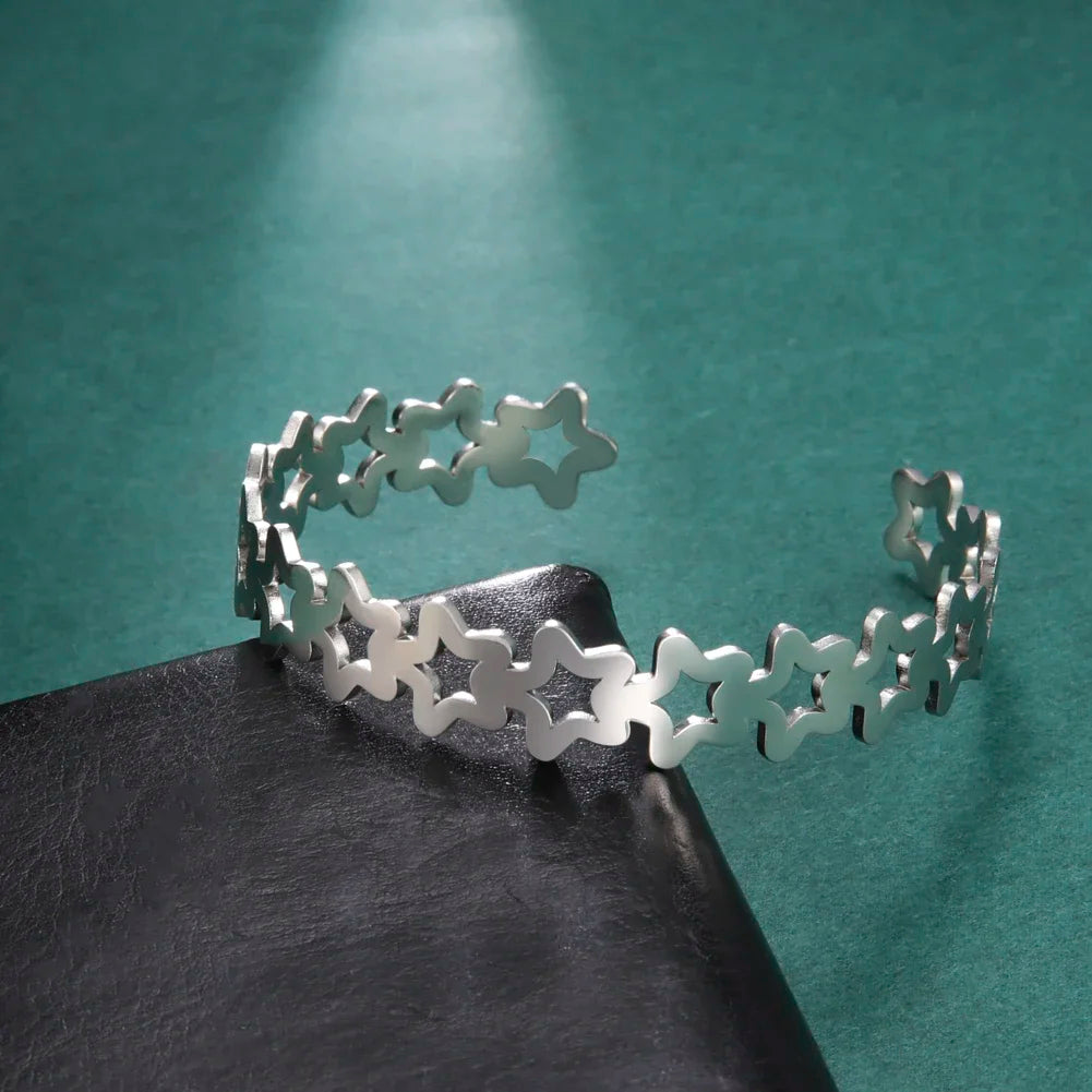 Skyrim Fashion Hollow Star Adjustable Bangles for Women Stainless Steel Cuff Bracelet Party Wedding Jewelry Gifts Wholesale