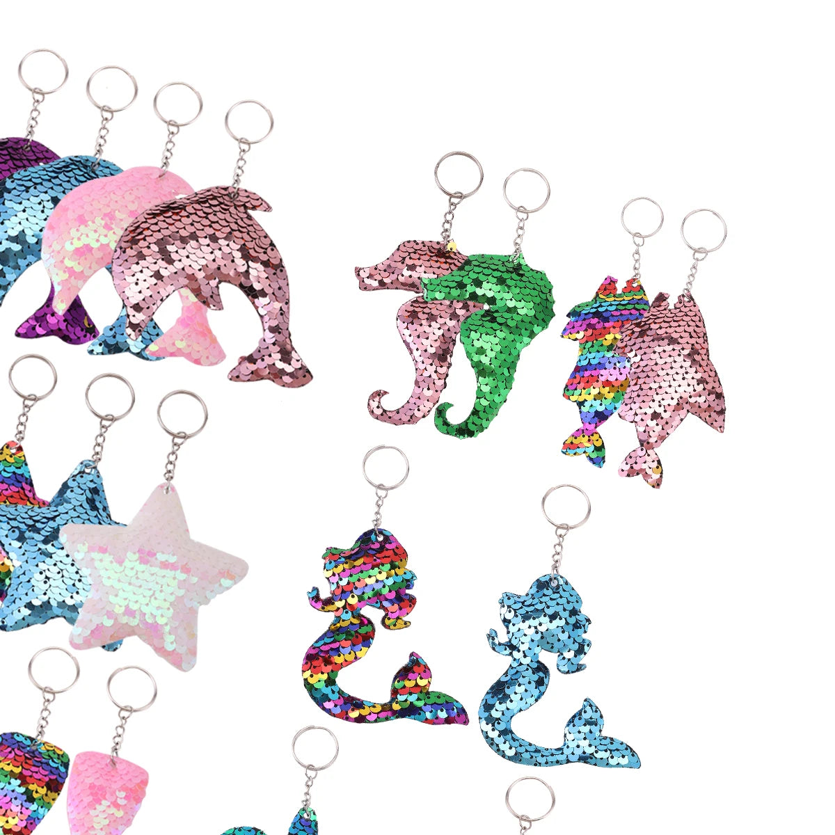 Hemasa 20Pcs Mermaid Sequin Keychains, Sparkling Flip Sequin Ocean-Themed Key Rings, Starfish Turtle Fish Tail Animal Shapes