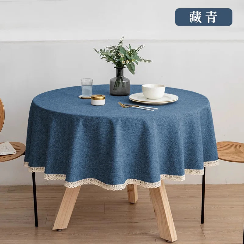 New Large Round Tablecloth Solid Color Cotton Linen Waterproof Table Cloth Oil-Proof Table Cover for Kitchen Garden Restaurant
