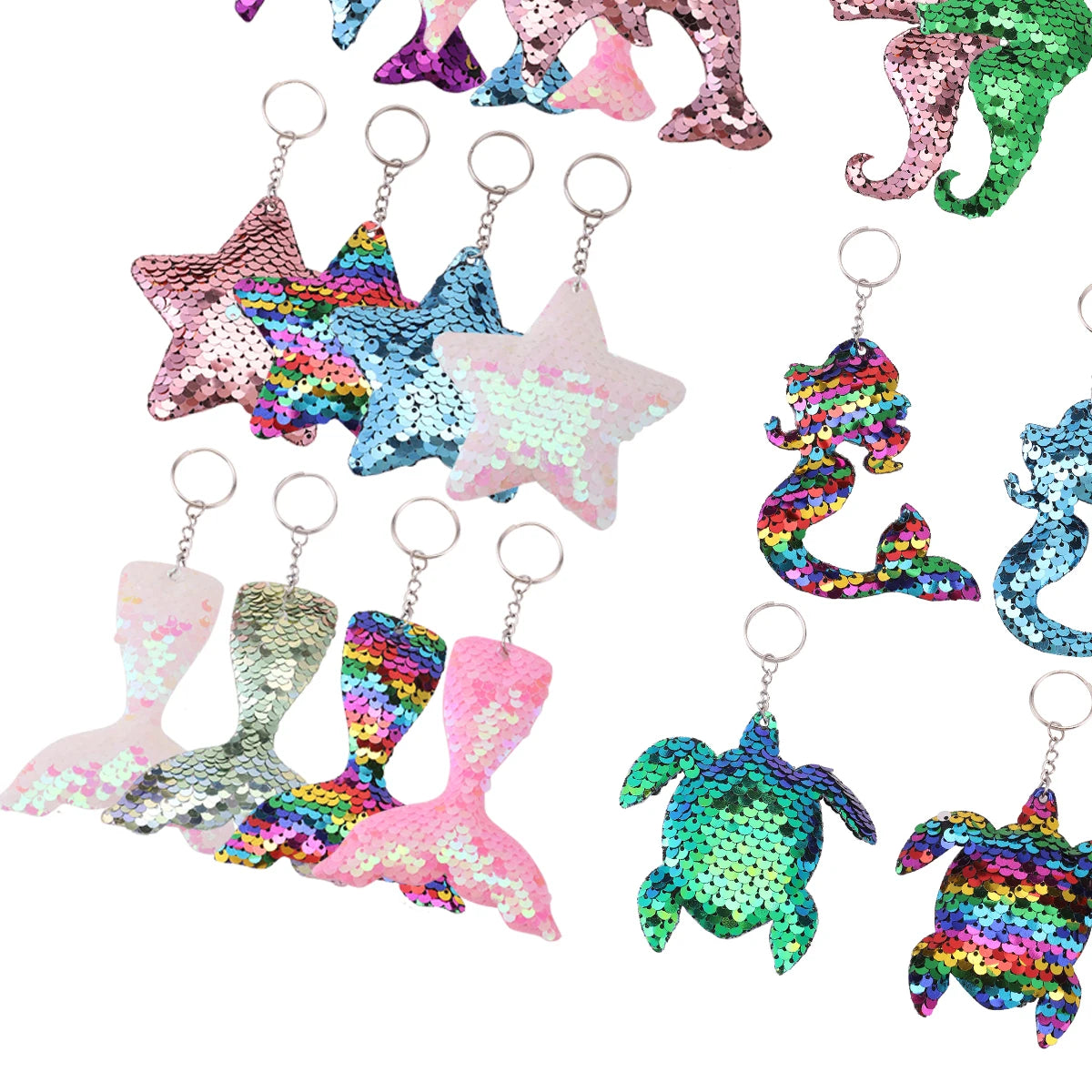 Hemasa 20Pcs Mermaid Sequin Keychains, Sparkling Flip Sequin Ocean-Themed Key Rings, Starfish Turtle Fish Tail Animal Shapes