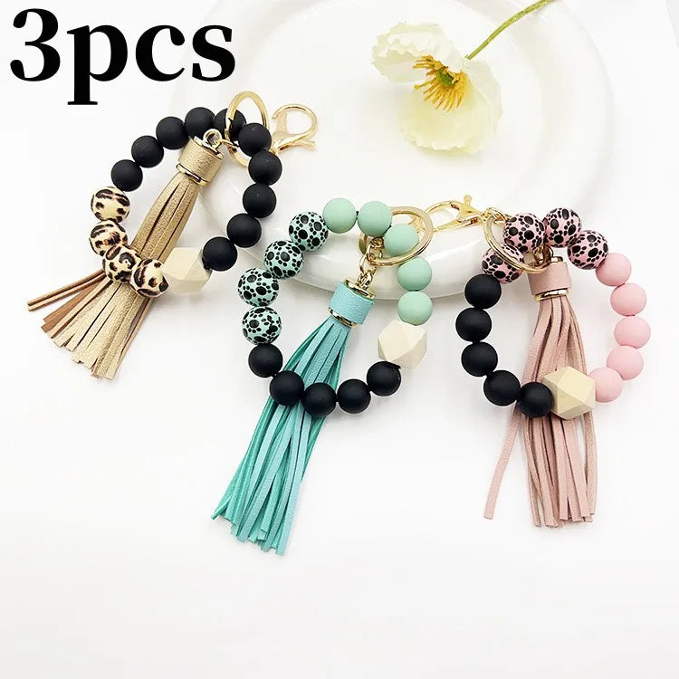 Hemasa Silicone Beads Keychain Bracelet with Tassels for Women