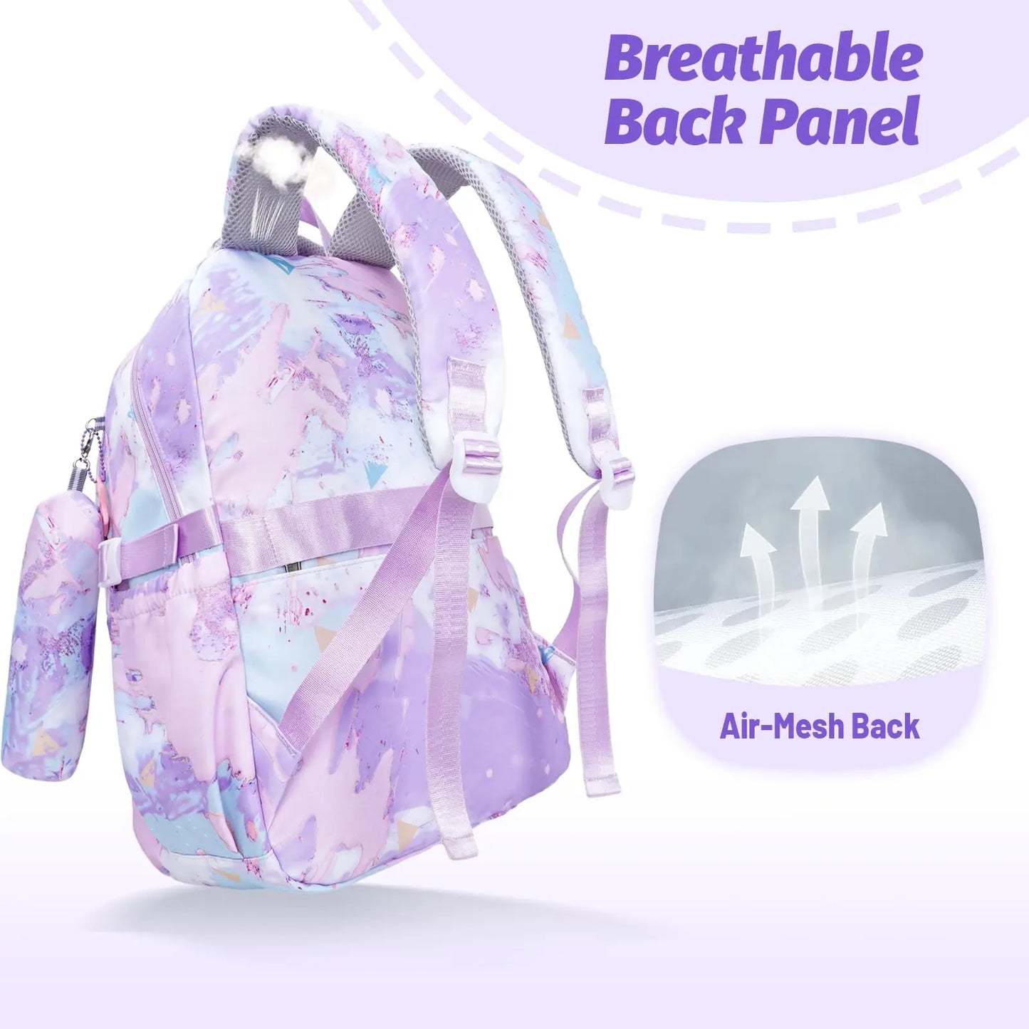 School Backpack for Girls Teens Kids Elementary School 3 Pieces Lightweight Backpack with Lunch Bag and Pencil Case