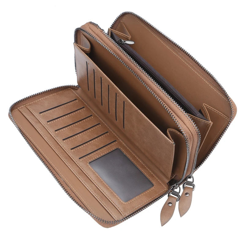 RFID Women's Black Wallet Made of Genuine Leather Large Plaid Zipper Coin Purse Long Wristband Money Clip Clutch Bag Card Holder