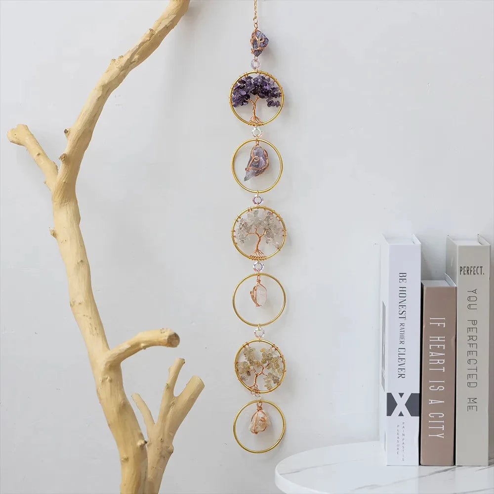 Hemasa Life Tree Crystal Wall Hanging Decor 6 Rings Chakra Stone Wall Decor Nordic Hanging Decoration Boho Room Decors Aesthetic Gift