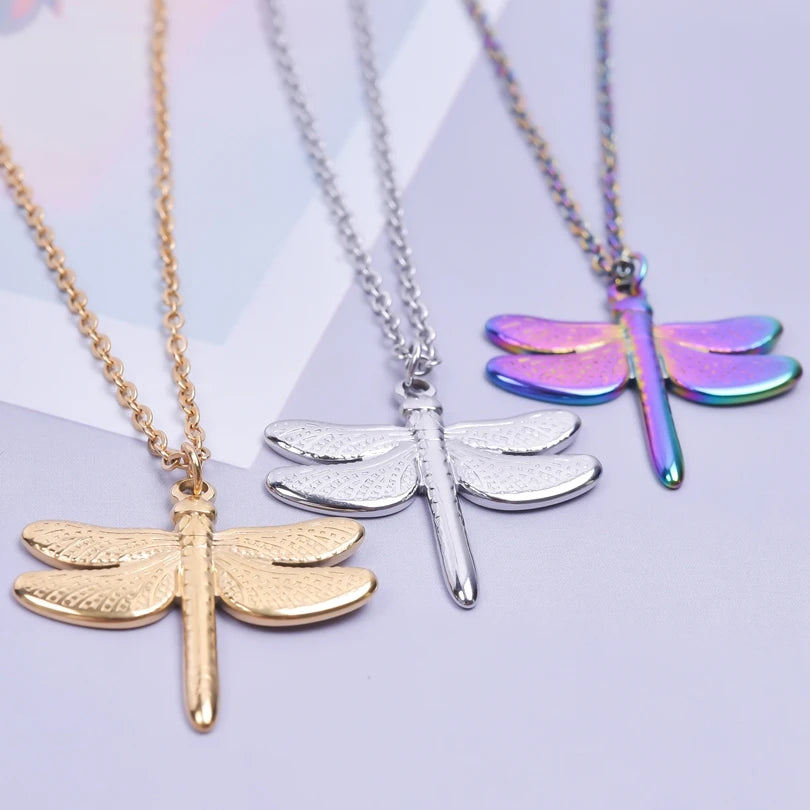 Hot Sale Dragonfly Rainbow Charms Stainless Stee Pendant Punk Necklace for Women/Men Choker Long Chain Female Jewelry Gifts