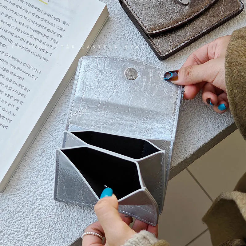 Silver Simple Card Holder Korean Luxury Design PU Leather Hasp Flip-Up Small Square Card Bag Females Girls Coin Purses Handbag