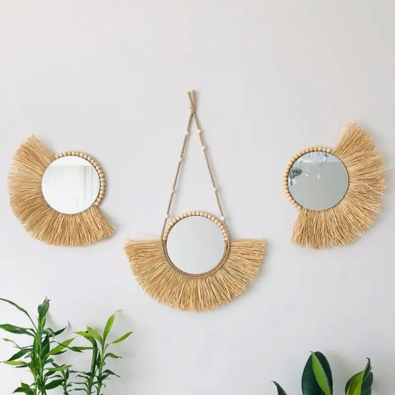 INS Moroccan Wood Bead Straw Woven Mirror Wall Ornaments Living Room Background Bedroom Mirrors Boho Homestay Home Decor Crafts