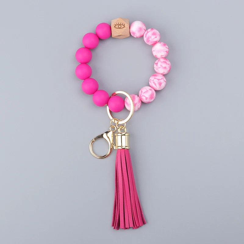 Colored Silicone Bead Bracelet PU Tassel Keychain Wristlet Bracelet Pendant Keychain Woman Man Jewelry Accessories Gifts