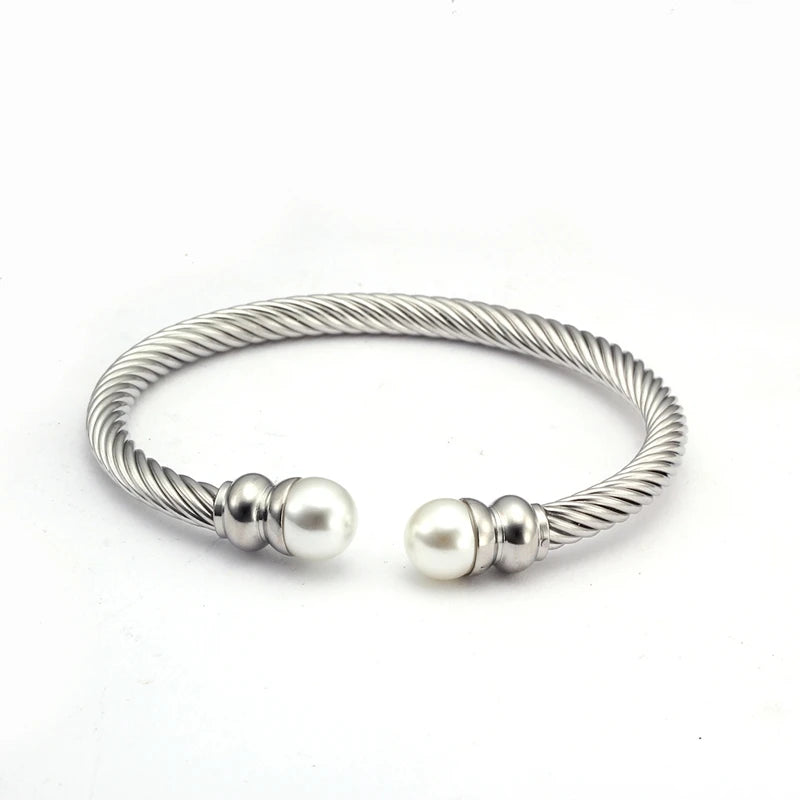 Luxury Open Women Ladies Charm Open Cuff Bangles Pearl Female Fashion Jewelry Brand Braided Chain Link Sporty Bracelets