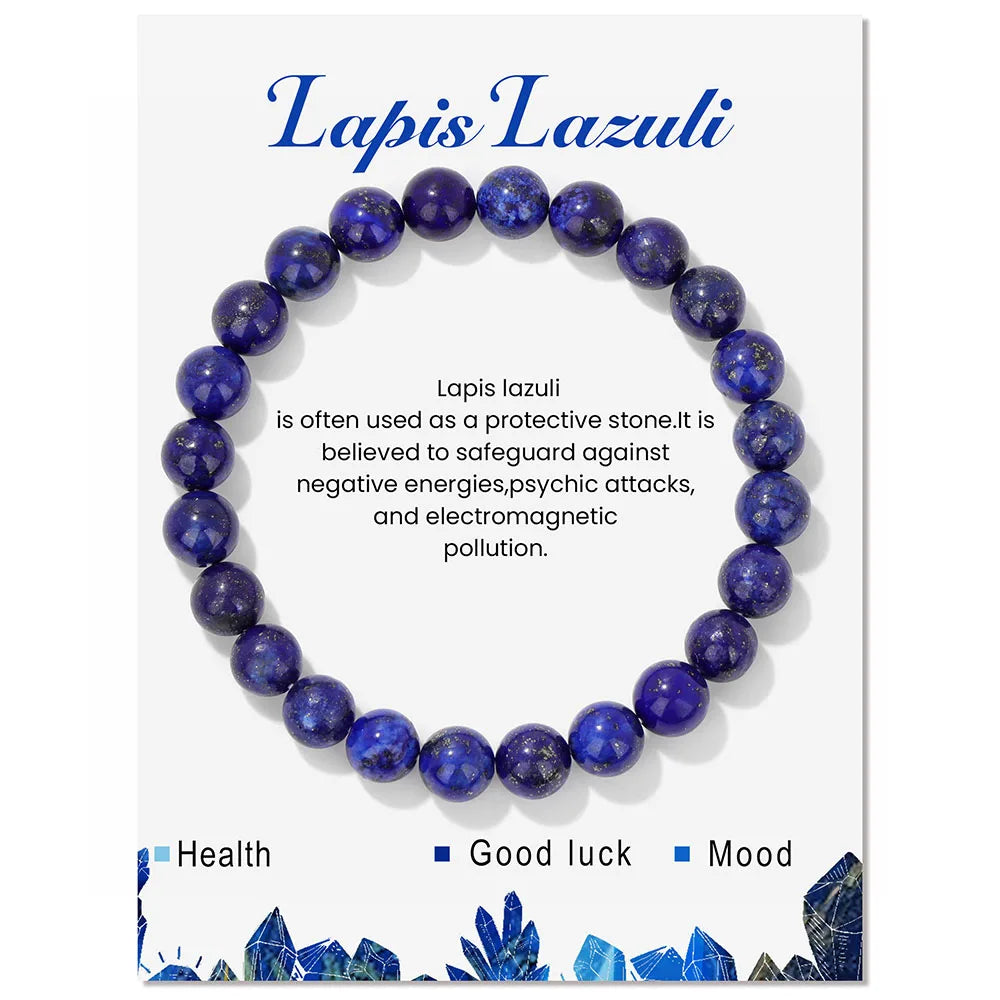 8mm Natural Stone Beads Bracelet Amethysts Lapis Lazuli Rose Pink Quartzs Crystal Stretch Bracelet With Card For Women Men Gift