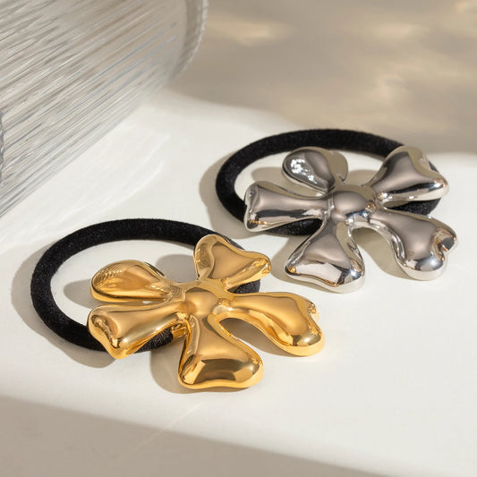 Hemasa Stainless Steel 18K Gold Plated French Style Irregular Flower Hair Ring Hair Rope Black Rubber Hairbands Ponytails Buckle