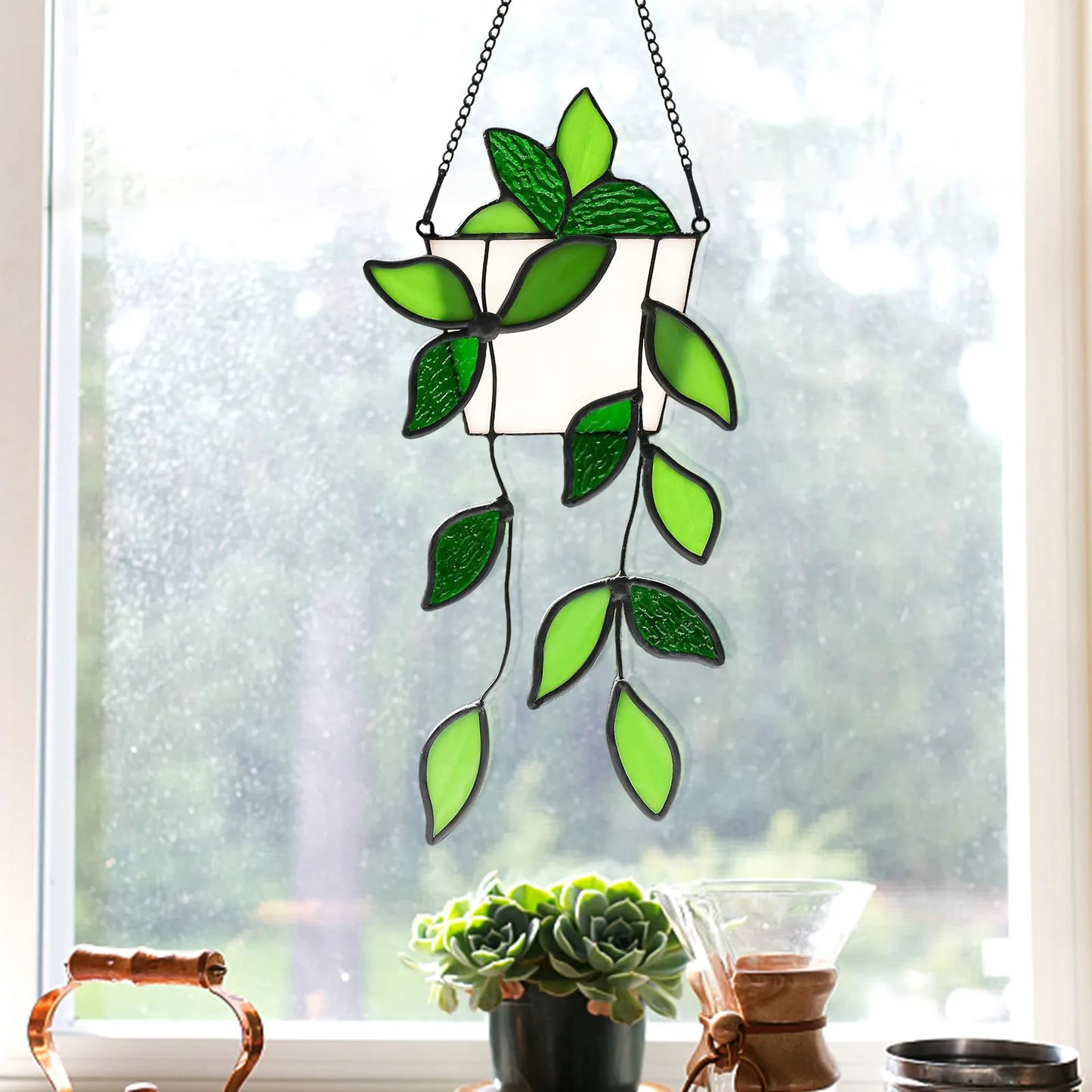 Artisanal Pothos Stained Glass Window Hangings Suncatcher For Window Exquisite Decorations Gifts Crystal Garland Beads