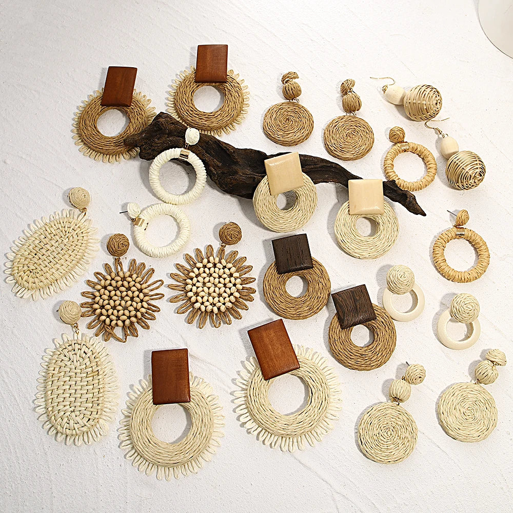 Lifefontier Handmade Woven Raffia Geometric Drop Earrings For Women Oversize Flower Beach Dangle Earring Jewelry Wholesale 2023
