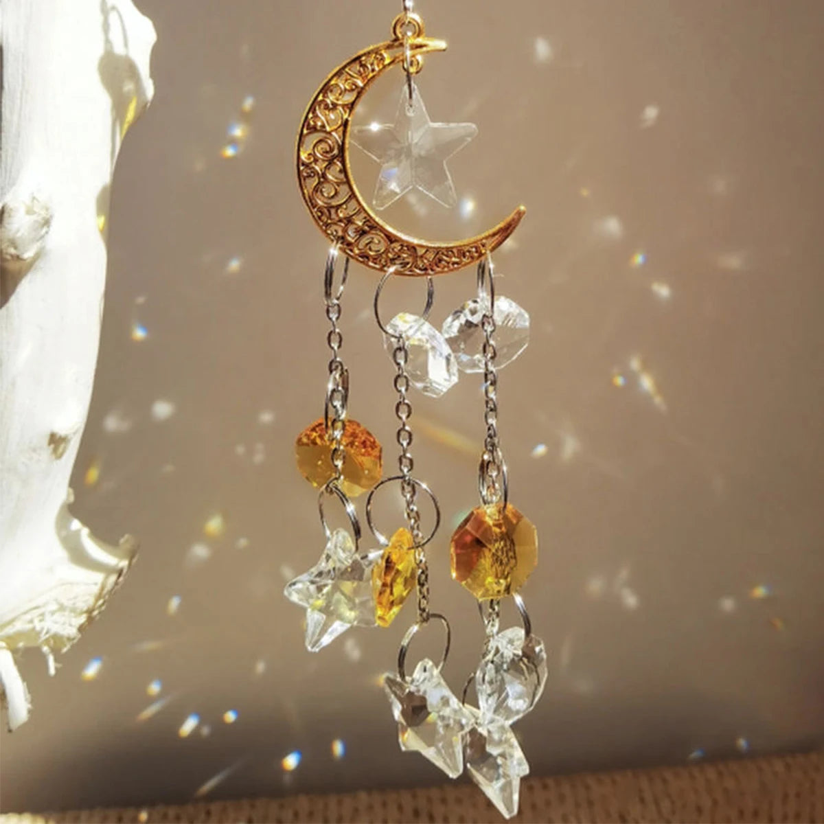 2024 New Home Decor Moon Star Crystal Sun Catcher Garden Light Collection Ornaments Hanging Prism Pendant Decoration Craft