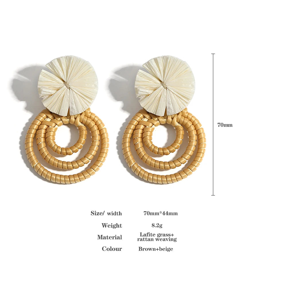 AENSOA Handmade Two Tone Rattan Knit Wrapped Round Drop Earrings for Women Geometric Circles Wooden Raffia Earrings Jewelry 2023