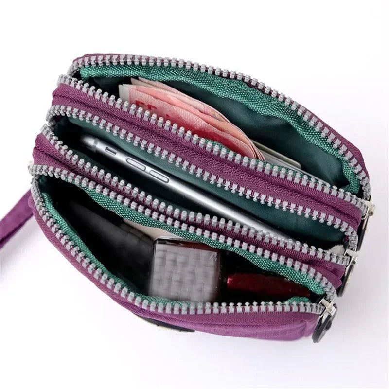 Women Three-layer Long Zipper Coin Money Pocket Purse Women's Handbag Wrist Mobile Phone Card Key Coin Bag Wallet Washable Cloth