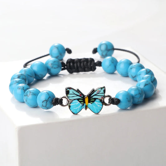 Men Bohemian Blue Butterfly Bracelet Handmade Women Natural Stone Agate Black Lava Beads Bracelets Bangles Fashion Wrist Jewelry