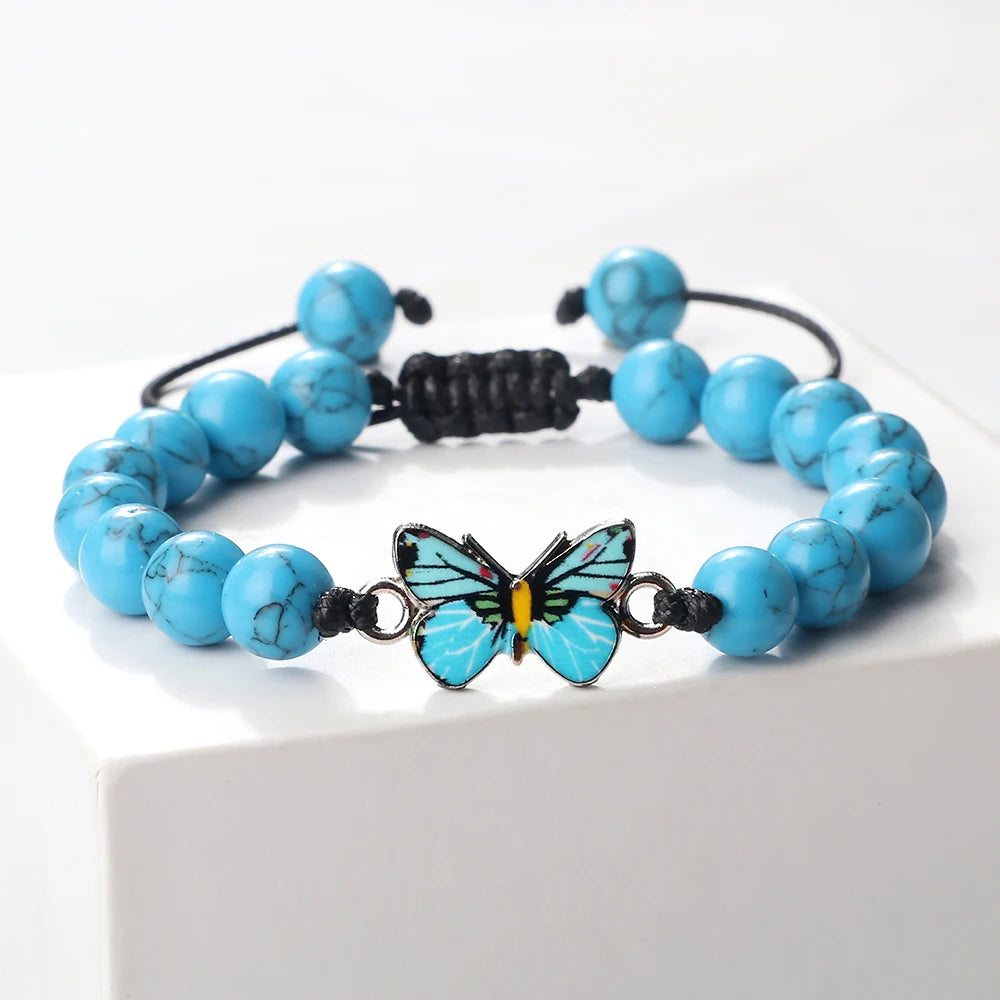 Men Bohemian Blue Butterfly Bracelet Handmade Women Natural Stone Agate Black Lava Beads Bracelets Bangles Fashion Wrist Jewelry