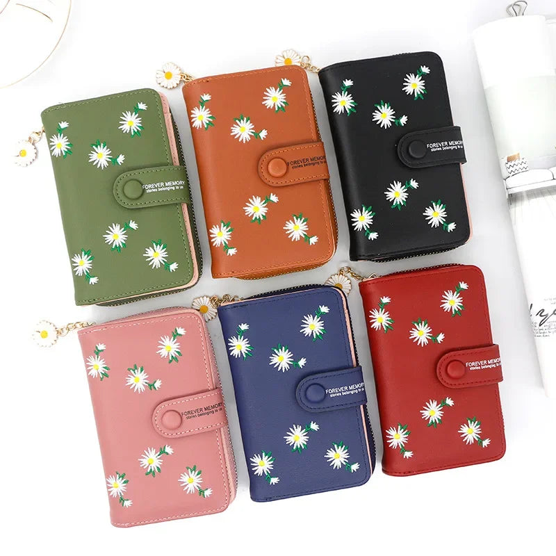 Women Long Wallets 2021 Fashion Design Embroidery Daisy Card Holder Large-Capacity PU Coin Purse Simple Zipper Money Bag Wallets
