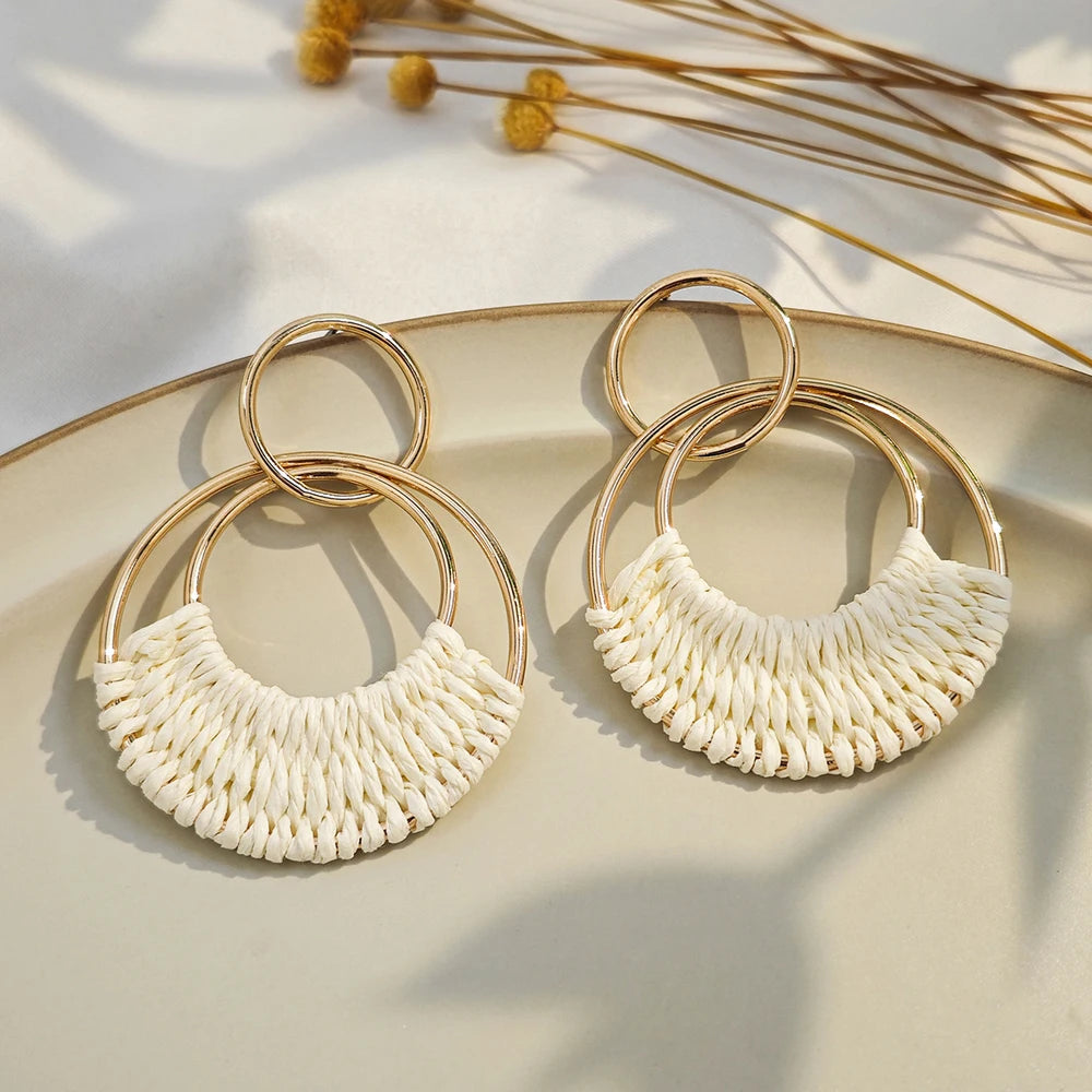 1 or 4 PAIRS Raffia Boho Hoop Earrings for Women Bohemia Summer Beach Earring Straw Wicker Rattan Dangle Round Drop Earrings