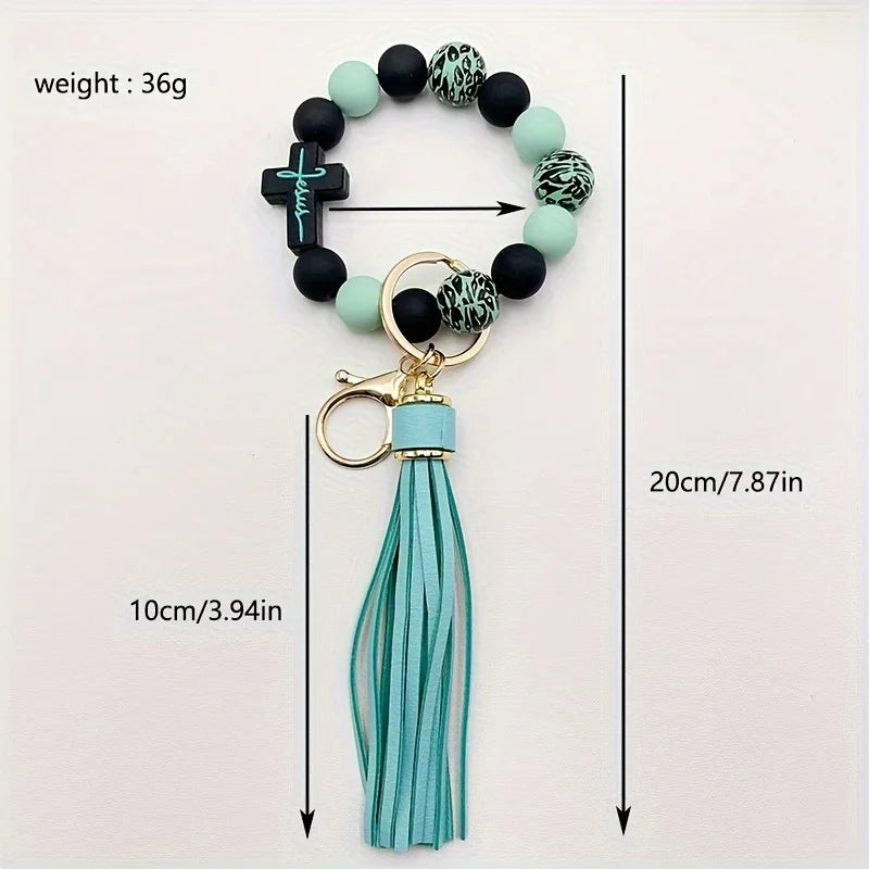 One Cross Silicone Rubber Paint Round Bead Bracelet Keychain