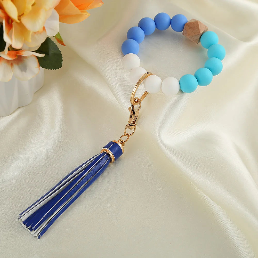 Silicone Keychain For Keys Tassel Wooden Beads Wrist Keyrings Bracelet Fashion Anti-lost Useful Women Men Keychains Wholesale