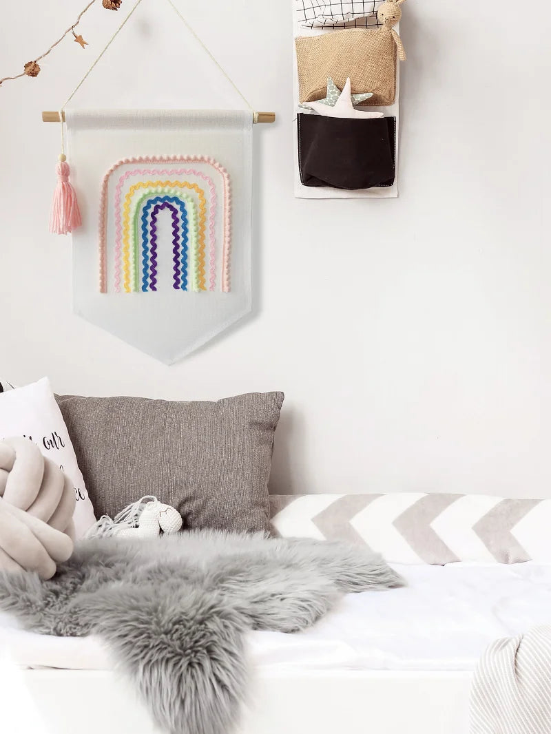 INS Wall Hanging Rainbow Tapestry with Tassel Creative Nordic Flags Baby Nursery Wall Pendant Children Room Bedroom Decoration