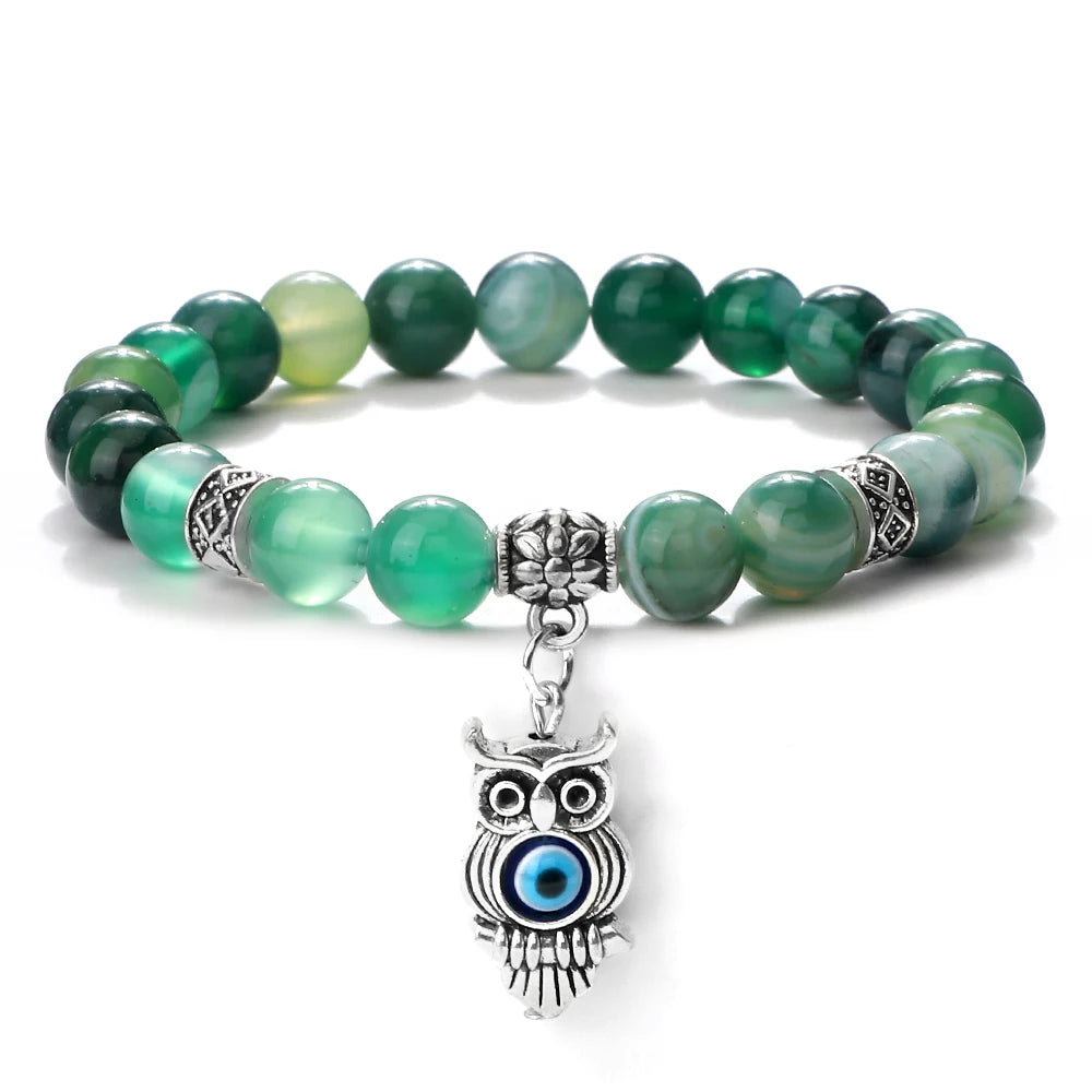 6 8mm Chakra Beads Men Bracelets Charm Owl Evil Eye Pendant Classic Tiger Eye Stone Agate Quartz Malachite Women Yoga Jewelry