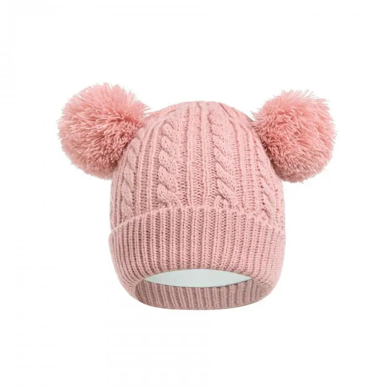 Autumn Winter Knitted Hat for Baby Boys Double Pompom Plus Velvet Beanie Girls Keep Warm Hats Kids Accessories 4-6 Years Old