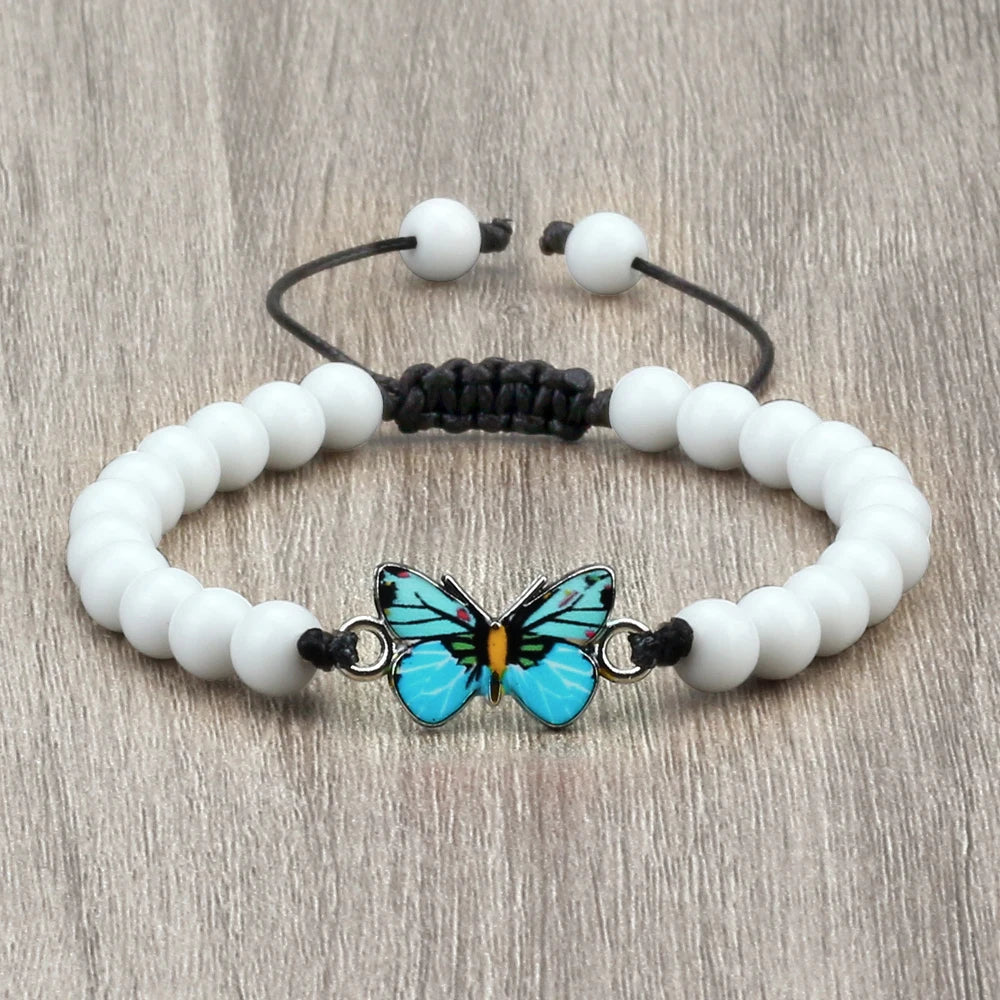 6mm Natural Stone Fashion Bracelet for Women Blue Butterfly Pendant Charm Bangles Agates Tiger Eye Lava Beads Bracelets Jewelry