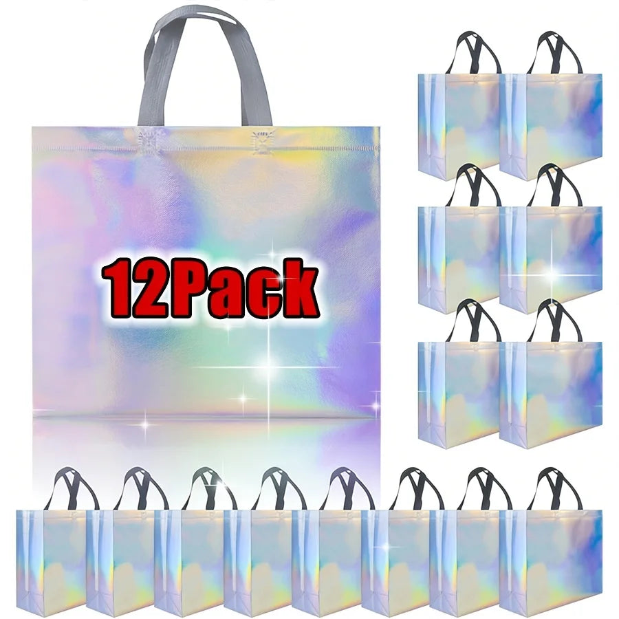 Tejesa Glossy Rainbow Gift Bag 6/12Pack, 12.6x4x10.6 Inch Reusable with Handles & Base for Birthday Wedding Christmas Party