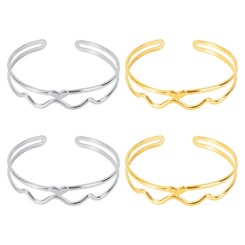Minimalist Stainless Steel Line Wave Heart Double Layer Open Bracelet Charm Date Party Jewelry Gift Bracelets for Women Bangle
