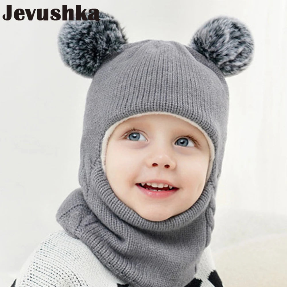Kids Winter Balaclava Hat PomPom Knit Beanie Hats for Baby Hat Scarf Snood with Fleece Lining Caps for Boys