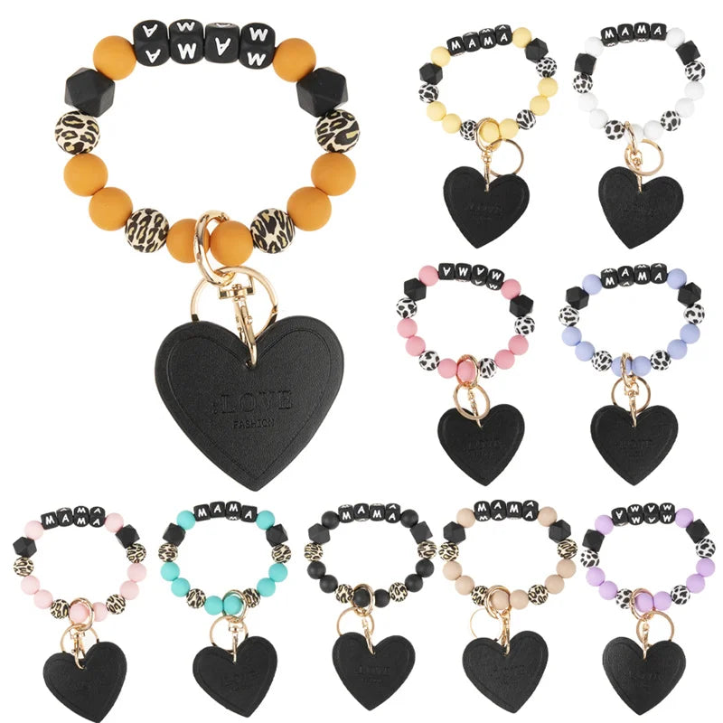 sansango New Mother's Day Gift Silicone Wood Bead Mama Keychain Monogram Love Heart Pendant Key chain For Mom Keychain Jewelry