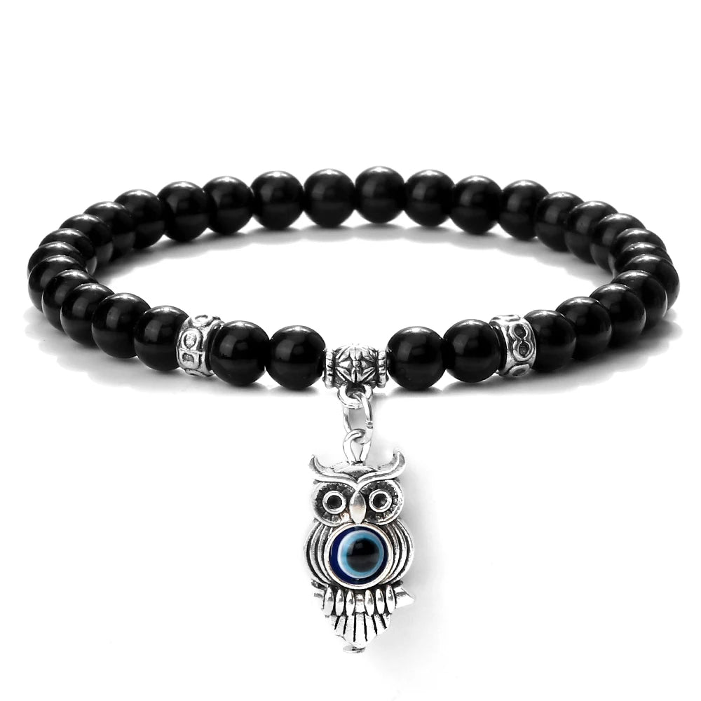 6 8mm Chakra Beads Men Bracelets Charm Owl Evil Eye Pendant Classic Tiger Eye Stone Agate Quartz Malachite Women Yoga Jewelry