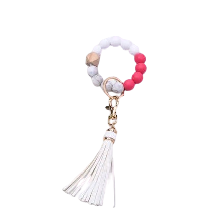 Tassel Wood Silicone Bead Bracelet Key Chain Female Women Hot Selling Bracelet Key Ring Wrist Bangle Keychains Accessory