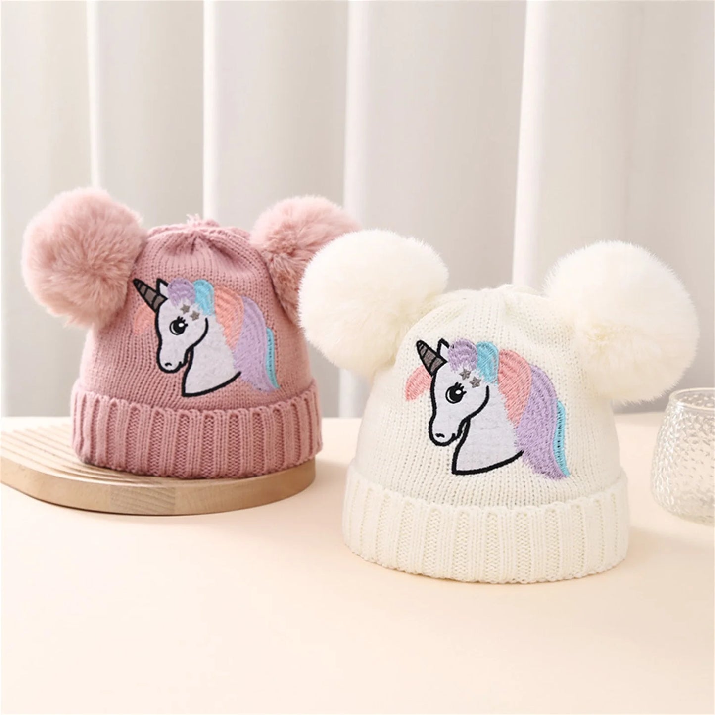 Pudcoco Kid Girls Knit Beanie, Soft Lightweight Embroidery Horse Winter Cap Toddler Beanie with Plush Balls 1-4T