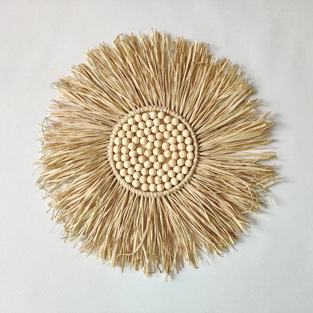 INS Boho Handmade Woven Straw Wall Decor Moroccan Wood Beads Wall Hanging Ornament Round Nordic Home Decoration for Living Room