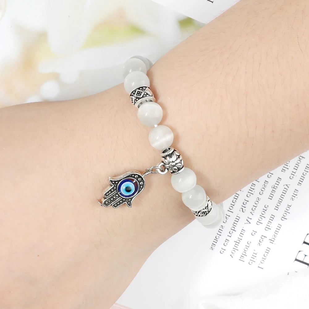 6 8mm Natural Cat Eye Stone Bracelet White Opal Beads Butterfly Hand Of Fatima Women Bracelets & Bangles Lucky Evil Eye Jewelry