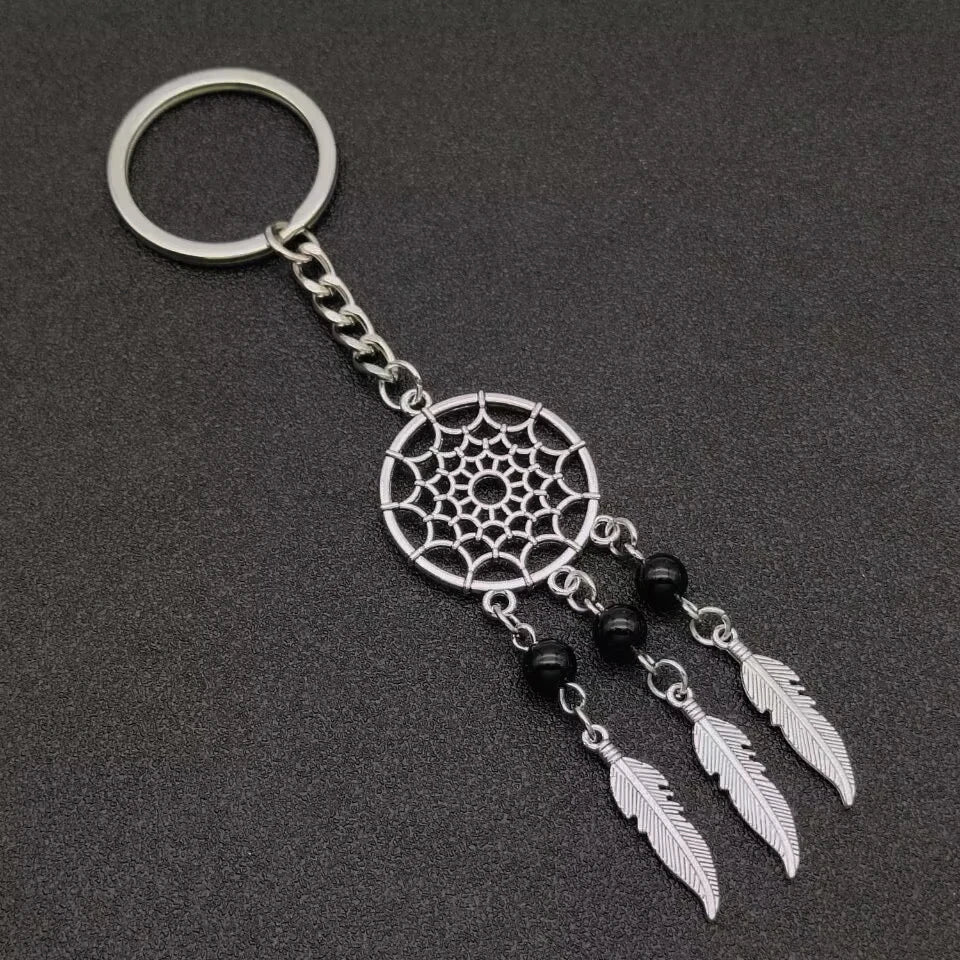 Dream Chaser Keychain Tassel Feather Pendant Keyring Beads Royal Blue Black Beads Charm Retro Car Key Chain Dream Chaser Gift