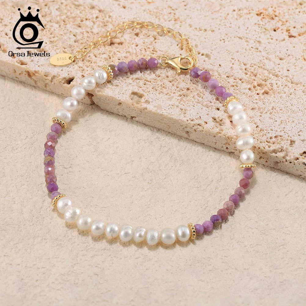 ORSA JEWELS 14K Gold 925 Sterling Silver Purple Mica Chain Bracelet with Exquisite Natural Pearl for Women Jewelry MPB02