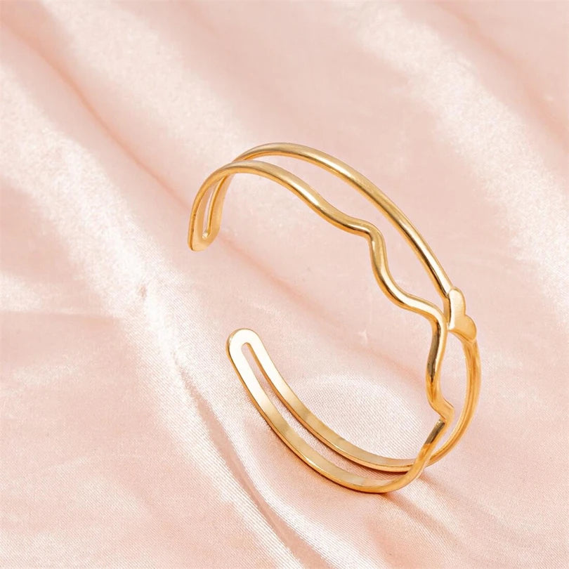 Minimalist Stainless Steel Line Wave Heart Double Layer Open Bracelet Charm Date Party Jewelry Gift Bracelets for Women Bangle